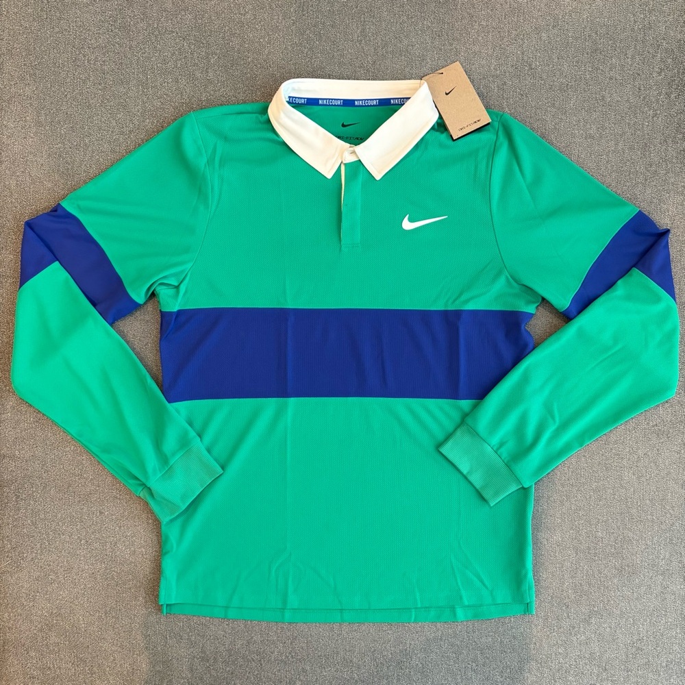 Nike Court Advantage Slam Green Blue Long Sleeve Polo IB8141-324 Men's‎ Medium